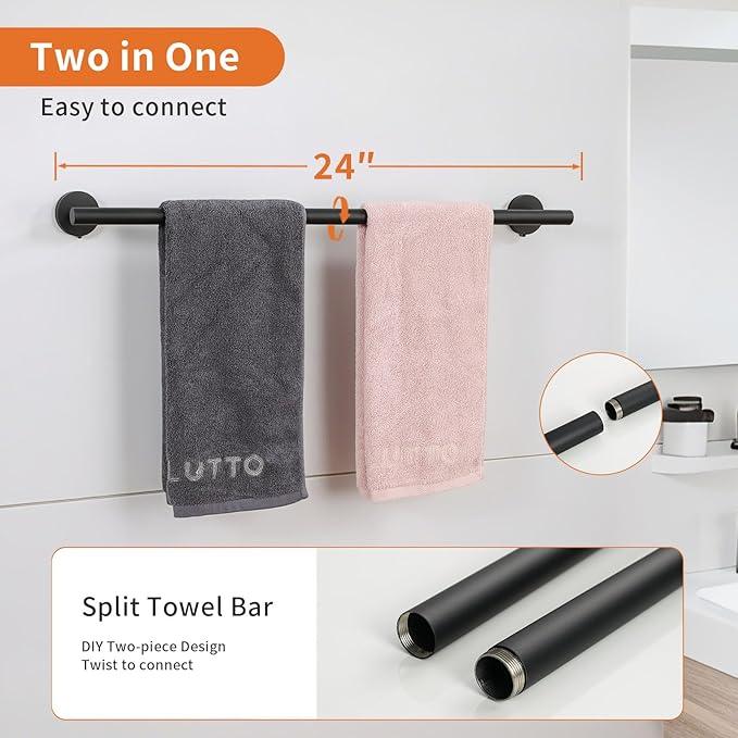 5-Piece Black Bathroom Hardware Set - 24 Inch Towel Bar, 2 Robe Towel Hooks, Toilet Paper Holder, Towel Ring, Wall Mounted Bathroom Accessories (Matte Black Finish) - ModernBath