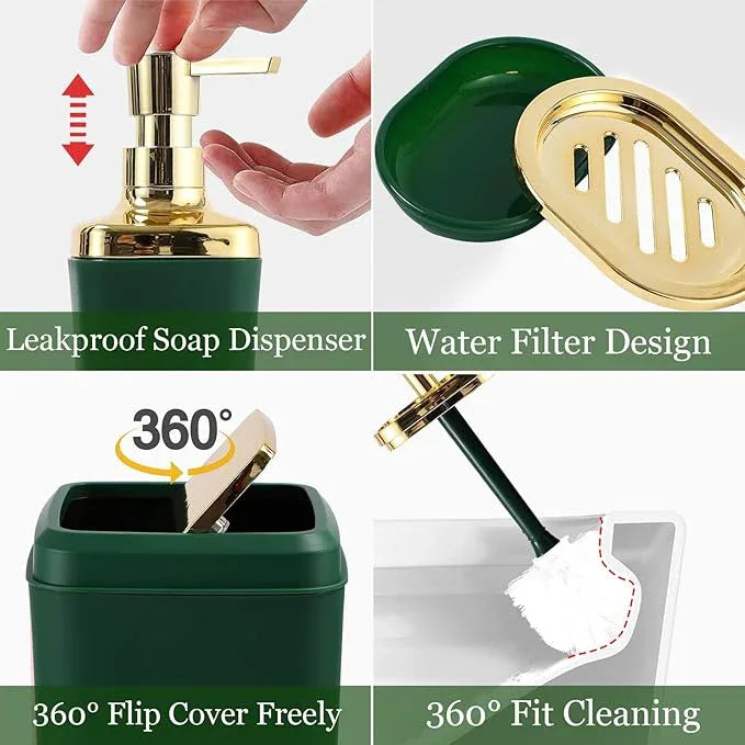 XLHOMO Bathroom Set - Dark Green and Gold Bathroom Accessories Set, Bathroom Sets with Shower Curtain and Rugs, Green Shower Curtain Set with Bathroom Trash Can, Soap Dispenser, Soap Dish for Home - ModernBath
