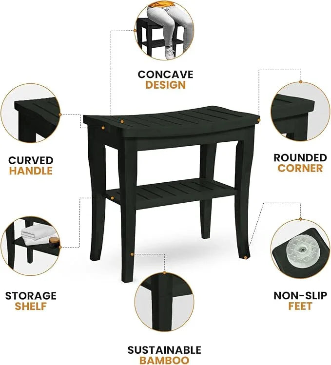 Black Shower Bench - Small Wooden Shower Stool with Storage Shelf, Non-Slip Bathroom Seat, Spa Decor Bath Bench, Foot Rest Shaving Stool for Shower, Indoor Outdoor Use, Great Gift Idea (17" x 9 x 17) - ModernBath