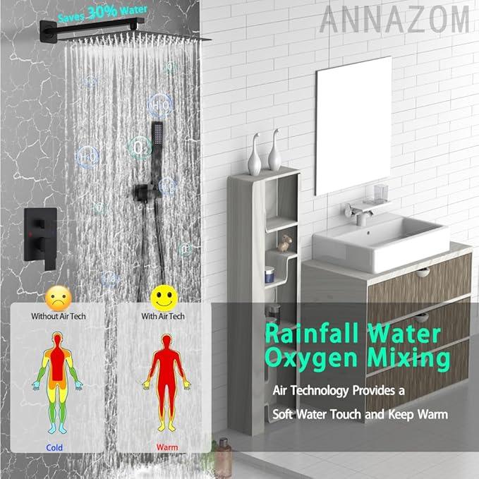 annazom Rainfall Shower System Matte Black Shower Faucet Set with High Pressure 12inch Shower Head Hand Held Square Shower Head Bathroom Luxury Rain Mixer Shower Complete Combo Set Wall Mounted - ModernBath