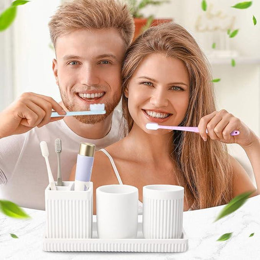 XLHOMO Resin Bathroom Toothbrush Holder Set, Matte White Bathroom Accessories Set 4 Pcs, Bathroom Tumbler Cup Tooth Brushing Cup Set with Tray, for Sink Countertop Modern Home Decor - ModernBath