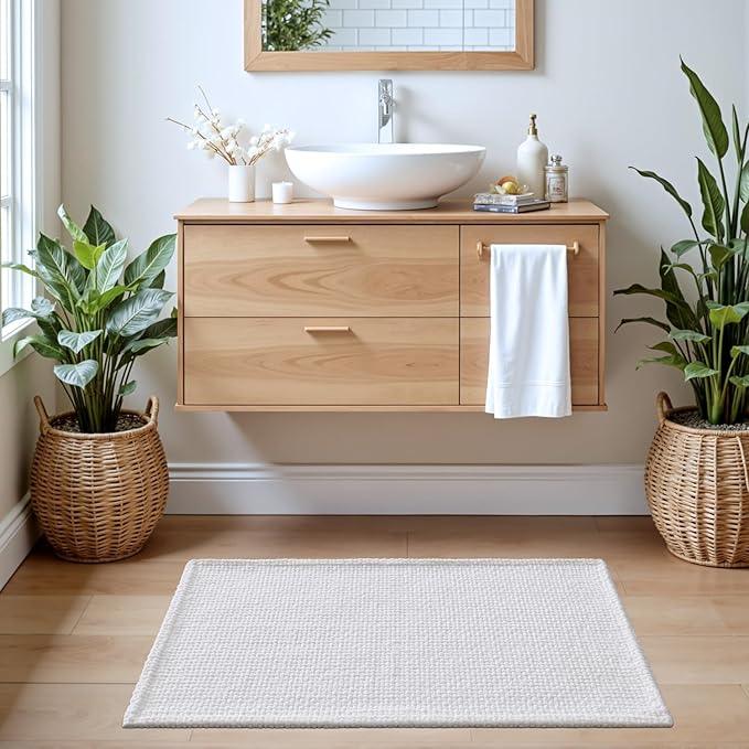 DEXI Bathroom Rugs 20x32, Non Slip Washable Bath Mat, Absorbent Chenille Bathmat, Ultra Soft Thick Carpet for Tub Shower Floor, White - ModernBath
