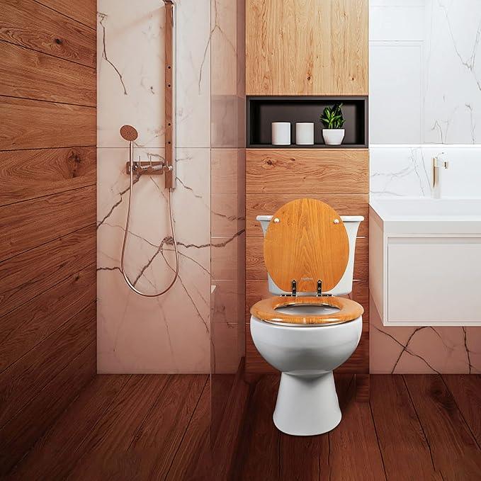 Angel Shield Durable Wood Veneer Natural Toilet Seat Metal Hinged Easy Clean Anti-scratch American Standard(Round,Wood Color) - ModernBath