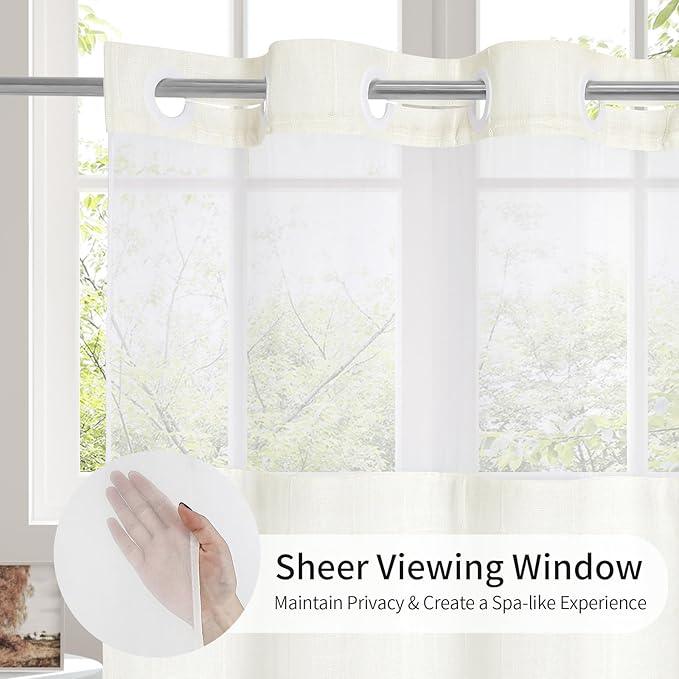 MitoVilla No Hooks Required Farmhouse Shower Curtain with Snap-in Liner - with Window & Magnets, Boho Cotton Linen Fabric Shower Curtains with Tassels for Rustic Bathroom Decor, Ivory, 72 x 74 - ModernBath
