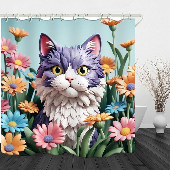 LYFANS Bathroom with Purplish White Cat 3D Shower Curtains, Luxury Bathtub Standard Shower Curtain, Waterproof and Bright Fabric Shower Curtain Size (72x72 Inches) - ModernBath
