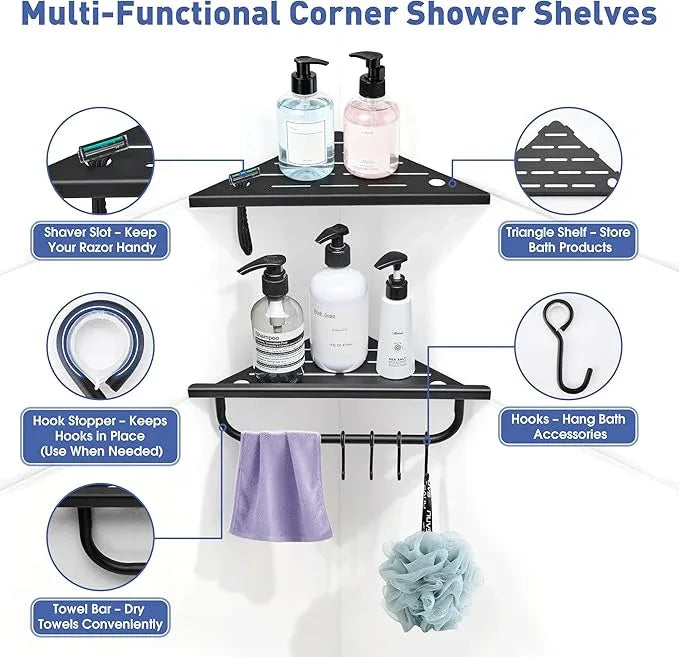 Corner Shower Shelf, 10'' Shower Corner Shelf with Towel Bar & Hooks, 304 Stainless Steel Recessed Bathroom Shelves, No Drilling for Tiled Wall, 2-Pack (Matte Black) - ModernBath