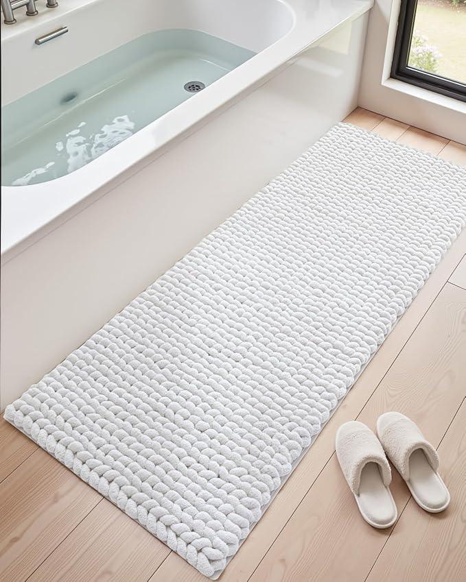 DEXI Bathroom Runner Rugs 24x60, Non Slip Washable Long Bath Mat, Luxury Chenille Super Absorbent Ultra Thick Bathmats for Shower Floor, Plush Fluffy Shaggy Carpet for Tub, White - ModernBath