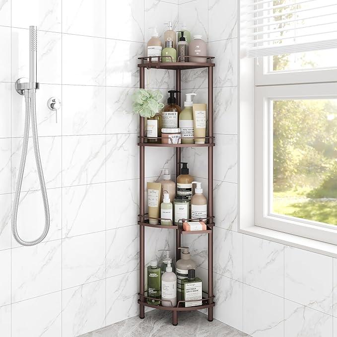 ELYKEN Corner Shower Caddy Standing, 4 Tier Rustproof Metal Shower Organizer with Soap Holder, Floor Shower Corner Shelf Rack Storage Stands with Adjustable Feet & 2 Hooks for Bathroom, Bronze - ModernBath
