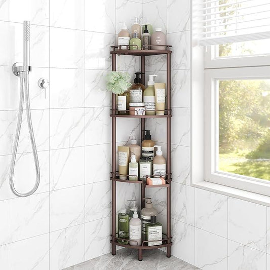 ELYKEN Corner Shower Caddy Standing, 4 Tier Rustproof Metal Shower Organizer with Soap Holder, Floor Shower Corner Shelf Rack Storage Stands with Adjustable Feet & 2 Hooks for Bathroom, Bronze - ModernBath