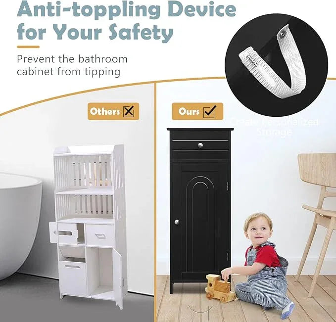 COSTWAY Bathroom Storage Cabinet, Single Door Floor Cabinet with Drawer and 3-Level Adjustable Shelves, Modern Side Storage Organizer with Anti-Tipping Device for Living Room, Bedroom (Black) - ModernBath