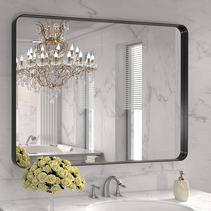 LOAAO 40X30 Inch Black Metal Framed Bathroom Mirror for Wall, Matte Black Bathroom Vanity Mirror Farmhouse, Large Rounded Rectangle Mirror, Anti-Rust, Tempered Glass, Hangs Horizontally or Vertically - ModernBath