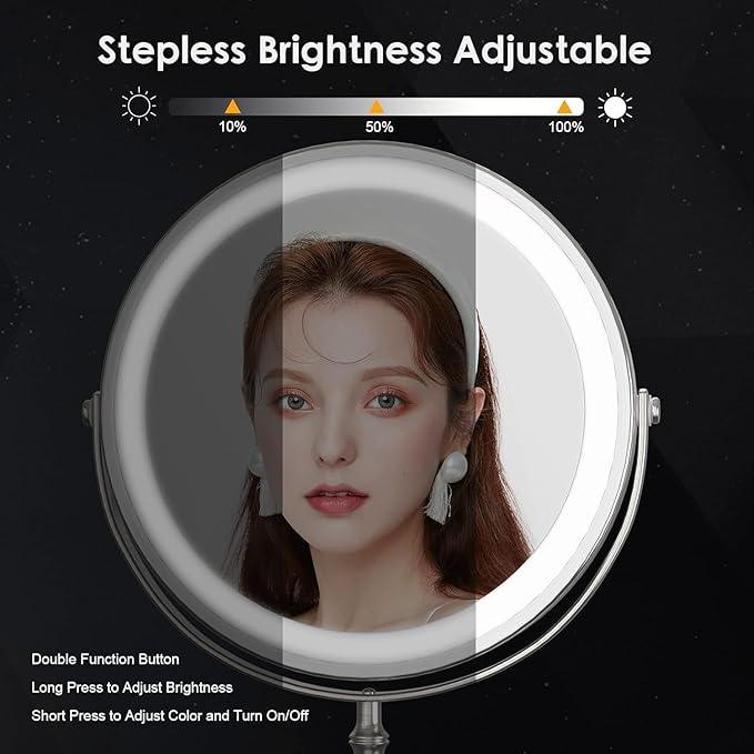 Lighted Makeup Mirror, 3000 mAh Rechargeable Double Sided Magnifying Vanity Mirror with 3 Colors, 1x/10x, 360° Rotation , Brightness Adjustable Magnification Cosmetic Light up Mirror, Women Gift - ModernBath