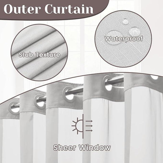 SORTTO No Hook Slub Textured Shower Curtain with Snap in Liner - Light Grey Fabric Outer Curtain & Waterproof Inner Liner, Hotel Style with See Through Top Window, 71x80 in - ModernBath