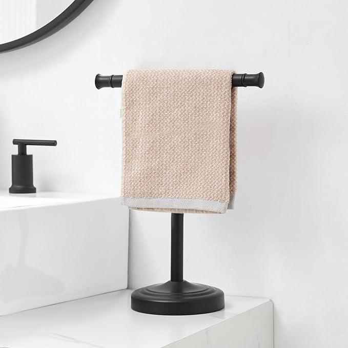 RUMOSE 13 Inch Matte Black Towel Stand Hand Towel Holder Bathroom Kitchen Vanity Countertop T-Shape Towel Rack Free Standing Stainless Steel Towel Bar Towel Ring - ModernBath