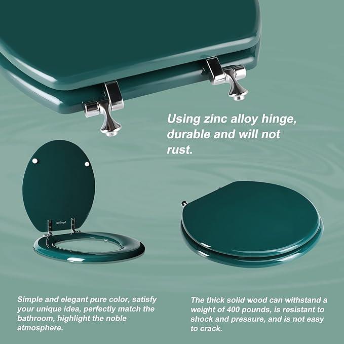 Dark Green Round Toilet Seat Natural Wood Toilet Seat with Zinc Alloy Hinges, Easy to Install also Easy to Clean, Scratch Resistant Toilet Seat by Angol Shiold (Round, Dark Green) - ModernBath