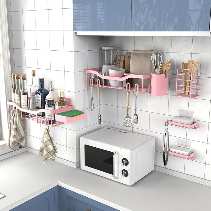 Shower Caddy Adhesive Shower Organizer 7-Pack, Rustproof Stainless Steel Bathroom Shelves, Large Capacity No-Drill Rack Storage Accessories with Soap Dish Toothbrush Holder Hooks (Pink) - ModernBath