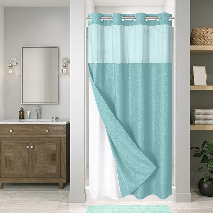 eachope Stall No Hooks Needed Linen Textured Shower Curtain with Snap-in Fabric Liner Set,Hotel Luxury Decor Farmhouse Shower Curtains for Bathroom,Waterproof & Washable,54Wx80H,Teal - ModernBath