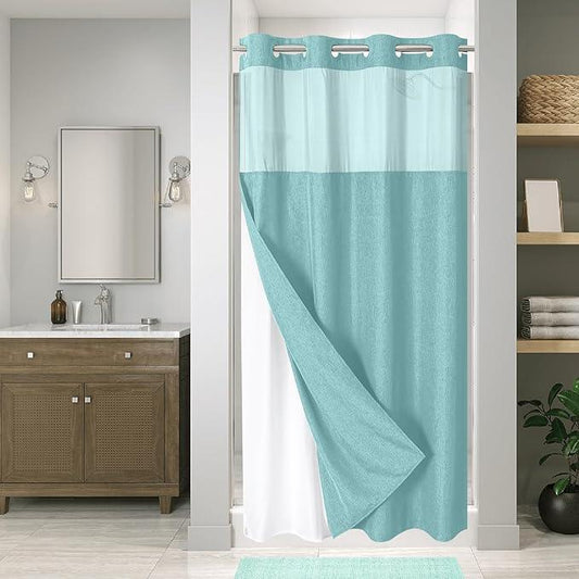 eachope Stall No Hooks Needed Linen Textured Shower Curtain with Snap-in Fabric Liner Set,Hotel Luxury Decor Farmhouse Shower Curtains for Bathroom,Waterproof & Washable,54Wx80H,Teal - ModernBath