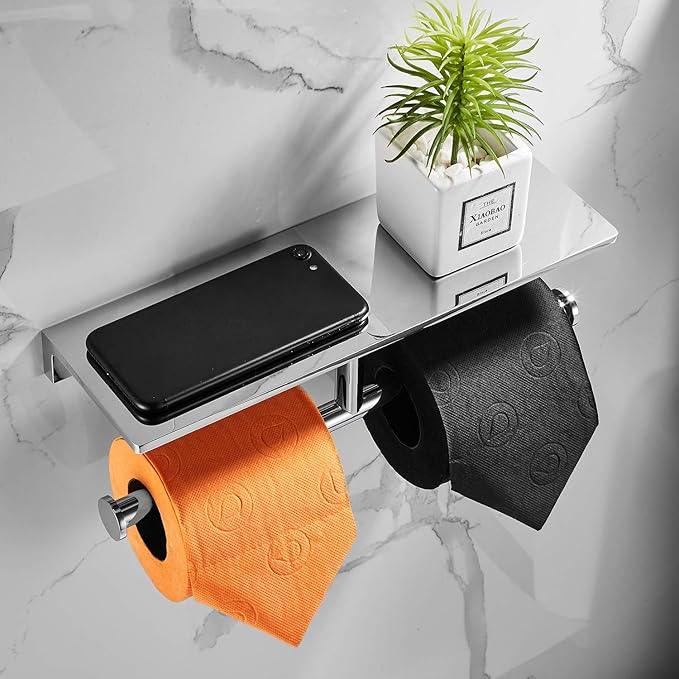 Double Toilet Roll Paper Holder Bathroom Solid Brass and Superior Hotel Style Wall Mount Tissue Roll Holder with Storage Shelf Bright Chrome Finished - ModernBath