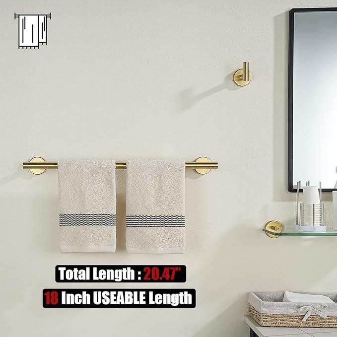 JQK Towel Bar Brushed Gold, 20.5 Inch 304 Stainless Steel Thicken 0.8mm Towel Rack Bathroom, Towel Holder Wall Mount, Useable Length 18 Inch 2 Pack, TB110L18-BG-P2 - ModernBath