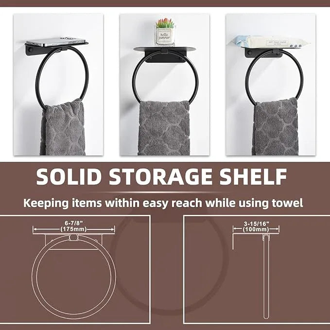 APLusee Matte Black Bath Towel Ring with Shelf, Stainless Steel Towel Holder, Wall Mount - ModernBath