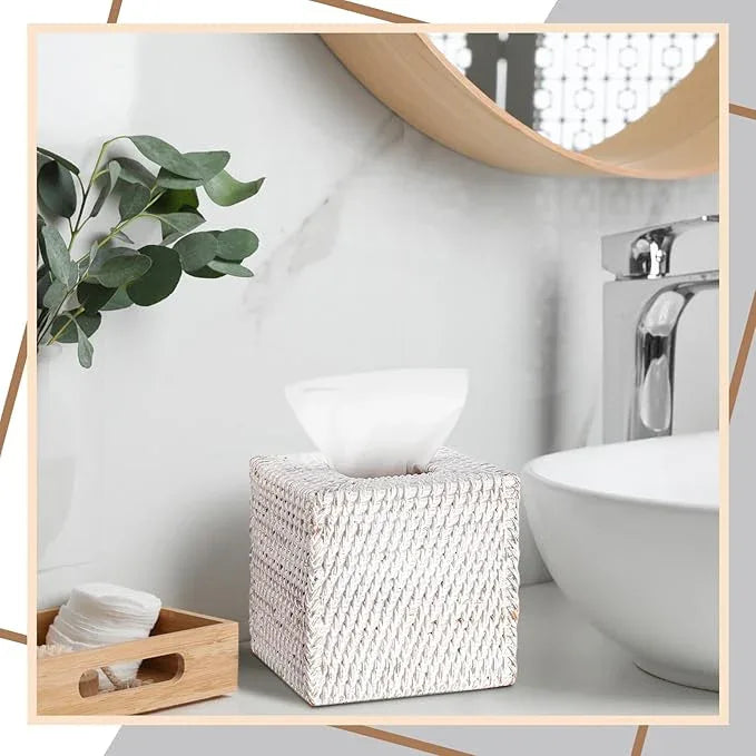 Kigley 2 Pcs Square Rattan Tissue Box Cover Boho Wicker Tissue Cube Box Cover 5.5'' x 5.5'' x 5.5'' Decorative Natural Wicker Hand Woven Napkin Box Holder Bathroom Office Car Accessories (White) - ModernBath