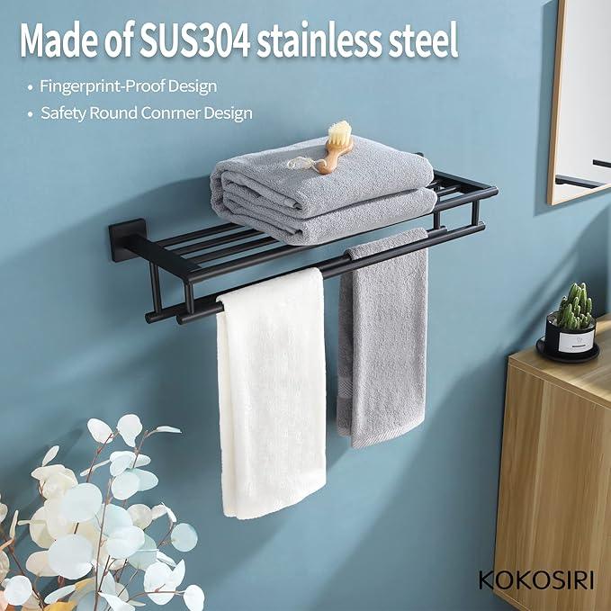 KOKOSIRI Bath Towel Rack with Double Towel Bars Bathroom Towel Shelf 24 Inch Towel Holder Wall Mounted Stainless Steel, Matte Black, B6005BK-L24 - ModernBath