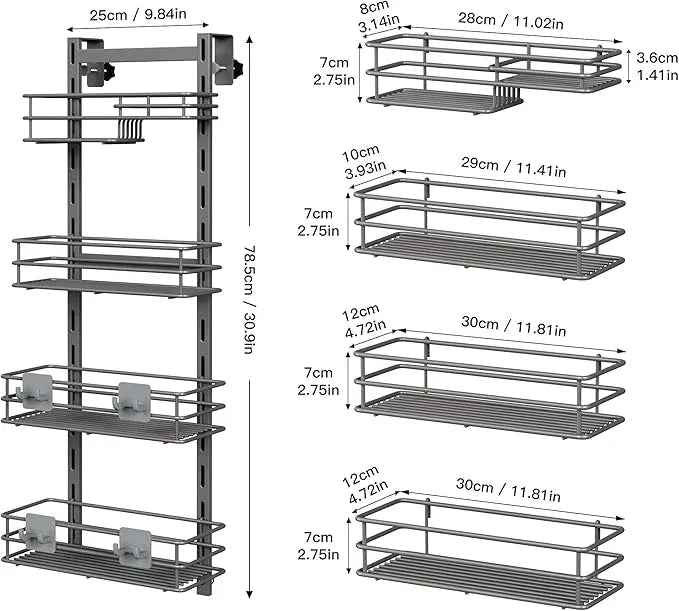 Orimade Over The Door Shower Caddy Adjustable 4 Tier Dark Grey,Bathroom Hanging Organizer Shelf Rustproof with 4 Hooks,Shower Basket with Soap Holder and Suction Cup - ModernBath