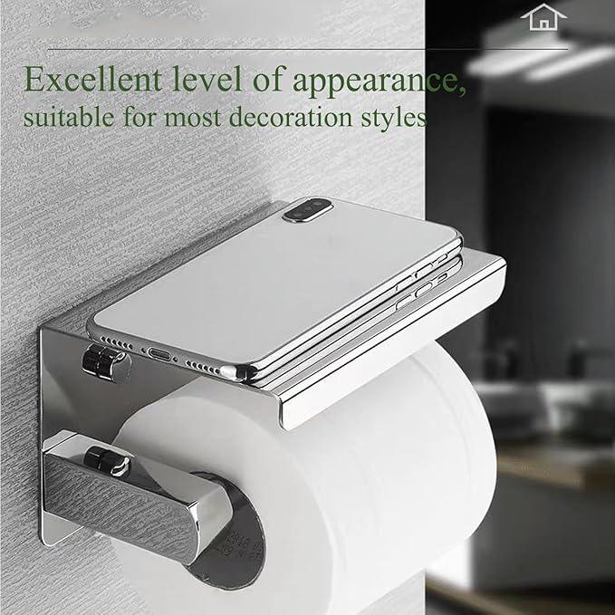 Toilet Paper Holder with Phone Shelf Stainless Steel Bathroom Tissue Roll Holder Wall Mounted Toilet Paper Roll Storage Polished Chrome Finished - ModernBath