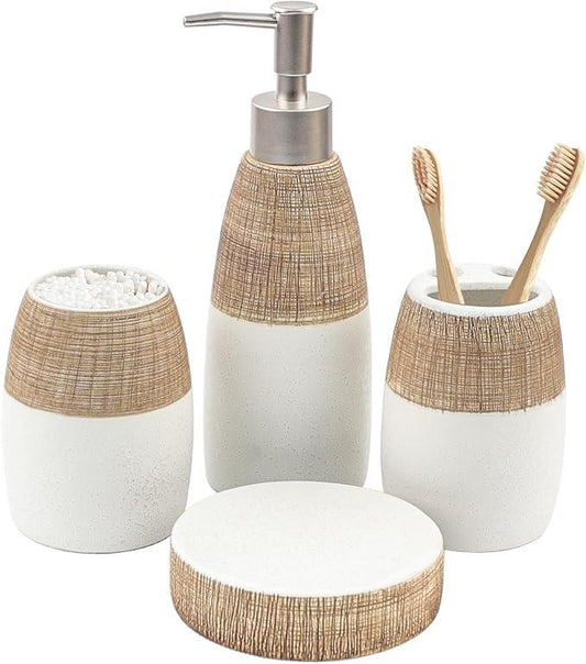 CERBIOR Bathroom Accessories Set,4 Pcs Ceramic Bathroom Decor Accessory,Includes Toothbrush Holder, Toothbrush Cup, Soap Dish for Decorative Countertop and Housewarming Gift, (Brown White) - ModernBath