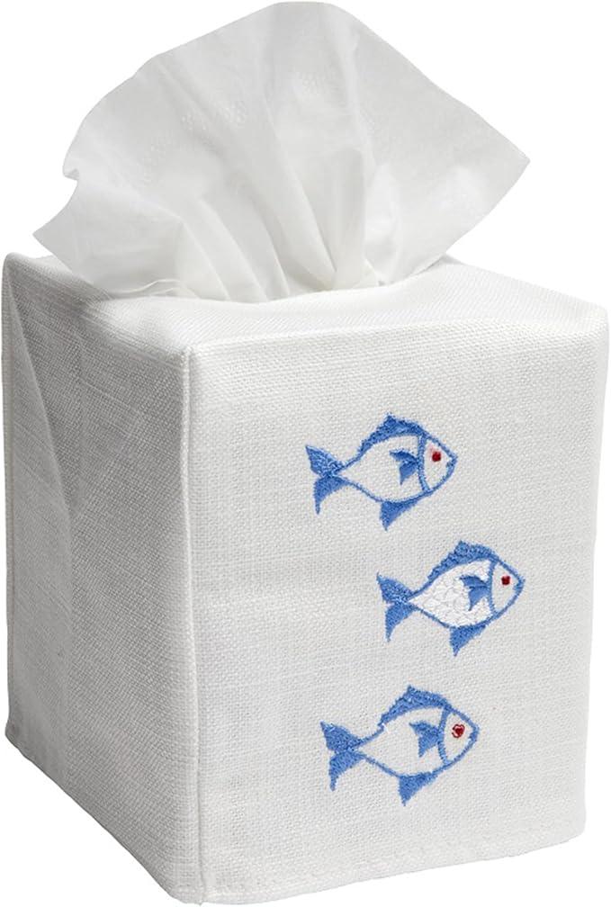 Jacaranda Living Square Tissue Box Cover, Linen/Cotton Fabric Tissue Holder, Decorative Cloth Tissue Cube Cover, Coastal Designs School of Fish, Blue - ModernBath