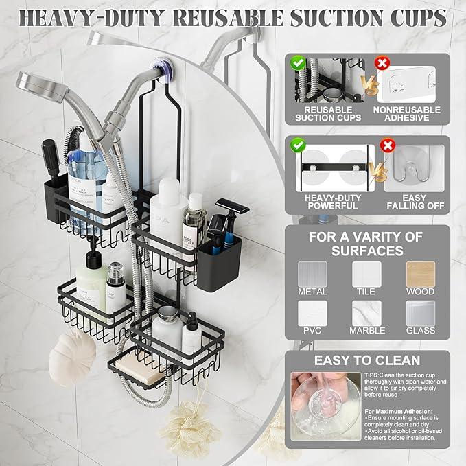 STAHLHEART Shower Caddy Hanging for Bathroom Organizers and Storage - 3-Tier Adjustable Anti-Swing Shower Organizer Hanging with Heavy-Duty Suction Cups, Damage-Free Rustproof (Black) - ModernBath