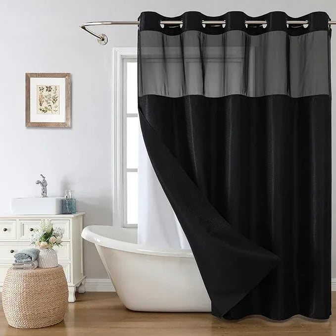 eachope Stall No Hook Shower Curtain with Snap-in Fabric Liner Set,Waffle Weave Shower Curtains for Bathroom,Hotel Luxury Decor Bathroom Curtain Set,Waterproof & Washable,Black,54Wx80H - ModernBath