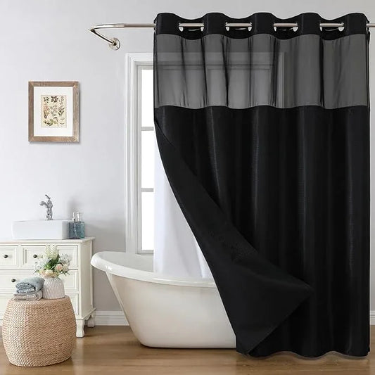 eachope Extra Long No Hook Shower Curtain with Snap-in Fabric Liner Set,Black Waffle Weave Shower Curtains for Bathroom,Hotel Luxury Decor Bathroom Curtain Set,Waterproof & Washable,71Wx86H - ModernBath