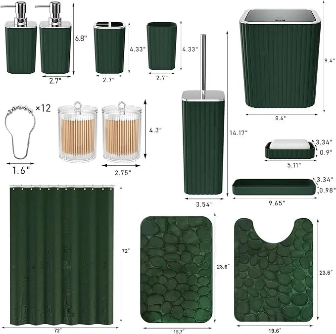XLHOMO Bathroom Set- 25PC Green Bathroom Sets, Bathroom Set with Shower Curtain and Rugs, Dark Green Shower Curtain Set, Bathroom Accessories Set, Bathroom Trash Can - ModernBath