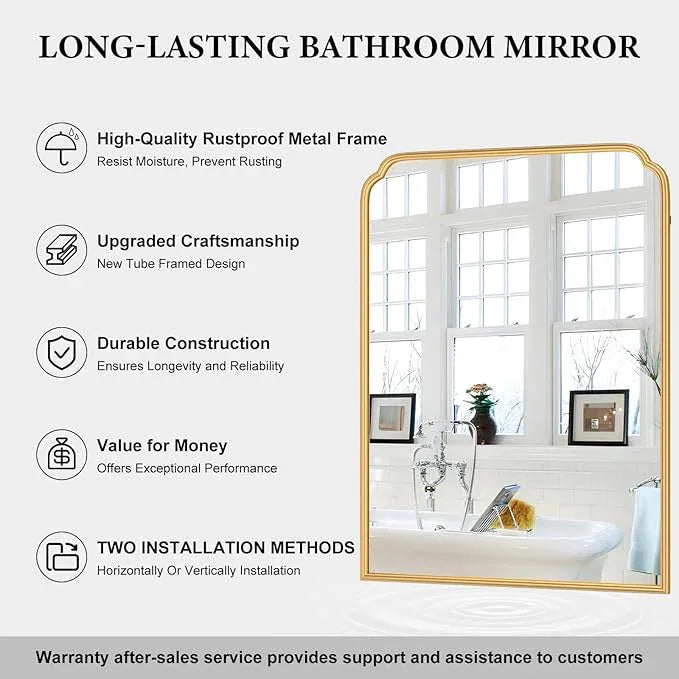 Ferytange 30X40 Inch Gold Bathroom Mirror for Vanity, Modern Rounded Corner Large Wall Mirror for Over Sink with Non-Rusting Iron Metal Framed (Tempered Glass) - ModernBath
