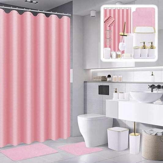 XLHOMO Bathroom Accessories Set- 25PC White Bathroom Set, Bathroom Set with Shower Curtain and Rugs, Pink Shower Curtain Set, Soap Dish & Trash Can - ModernBath