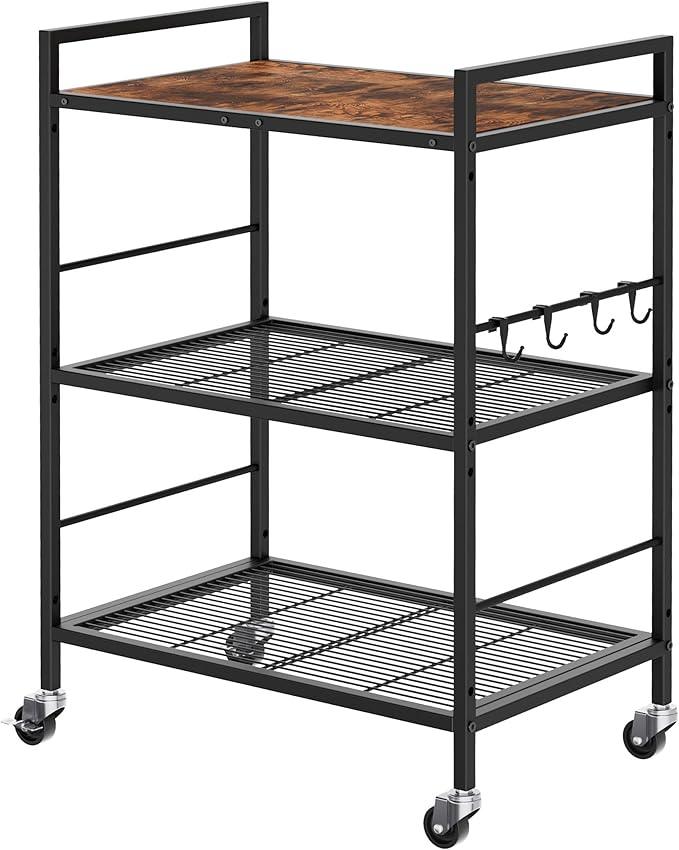 3-Tier Metal Storage Rack with Industrial Wheels,Mesh Shelving Unit with Wooden Table top,Adjustable Shelf,23.6-Inch Width,15.8-Inch Depth, for Kitchen, Laundry,Pantry,Plant,Black - ModernBath