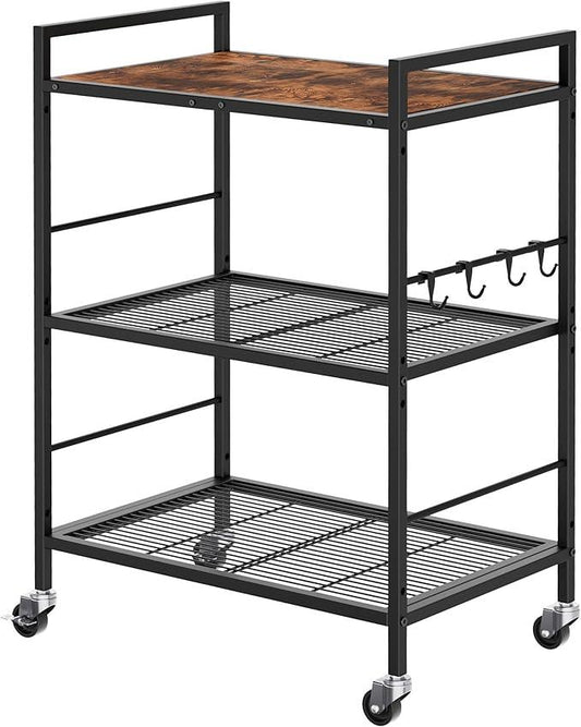3-Tier Metal Storage Rack with Industrial Wheels,Mesh Shelving Unit with Wooden Table top,Adjustable Shelf,23.6-Inch Width,15.8-Inch Depth, for Kitchen, Laundry,Pantry,Plant,Black - ModernBath