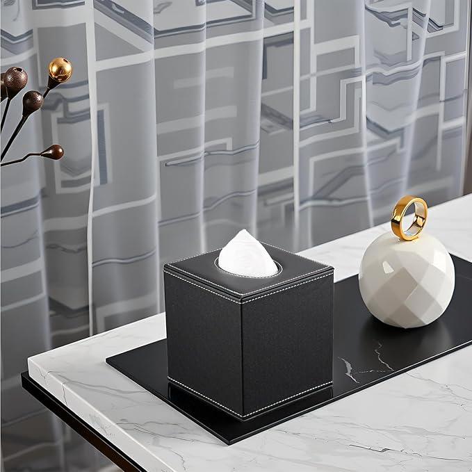 KINGFOM Square Pu Leather Tissue Box Cover, Modern Facial Tissue Holder, Roll Tissues Paper Case Dispenser for Bathroom Vanity Countertop, Night Stands, Office Desk & Car(Black) - ModernBath