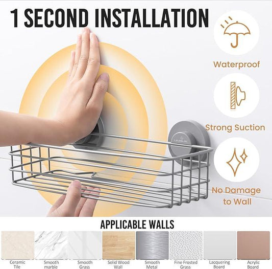 LEVERLOC Shower Caddy Suction Cup, 2 Pack Shelves for Inside with Hooks and Soap Holder, NO-Drilling Bathroom Holder, Rustproof Meatl Bathroom Organizer, Grey - ModernBath