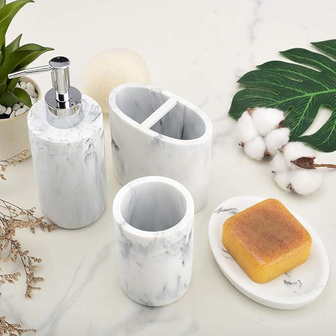 L'ARL GMVOI Bathroom Accessories Set,4 Pieces Marble Bathroom Vanity Countertop Accessory Set with Bathroom Toothbrush Holder Set,Soap Dispenser,Tumbler,Soap Dish for Bathroom Home Decor - ModernBath