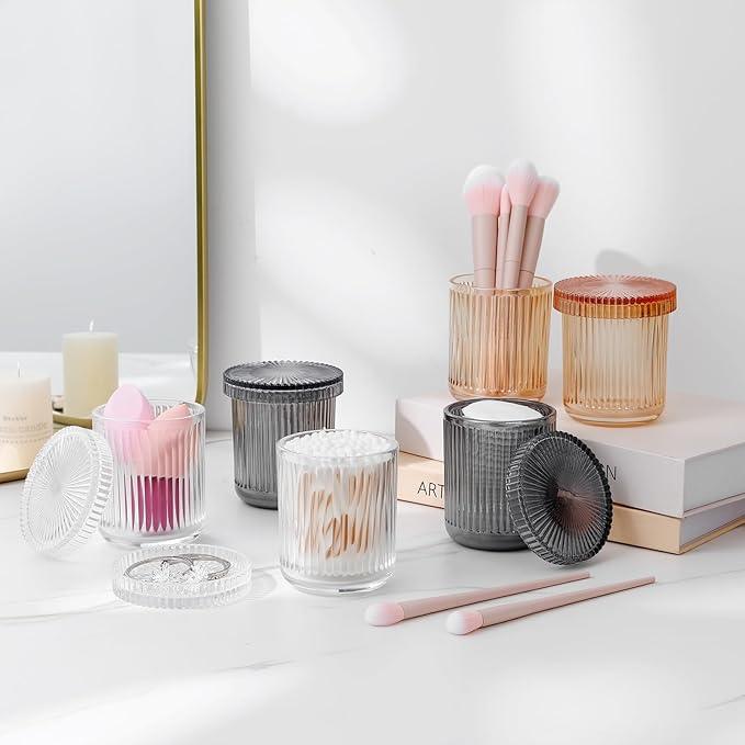 rejomiik Glass Qtip Holder Dispenser 2 Pack, Bathroom Canister Apothecary Jars with Lids, Vanity Makeup Accessories Storage Organizer for Cotton Swabs, Cotton Balls, Pads, Floss Picks, Gray - ModernBath