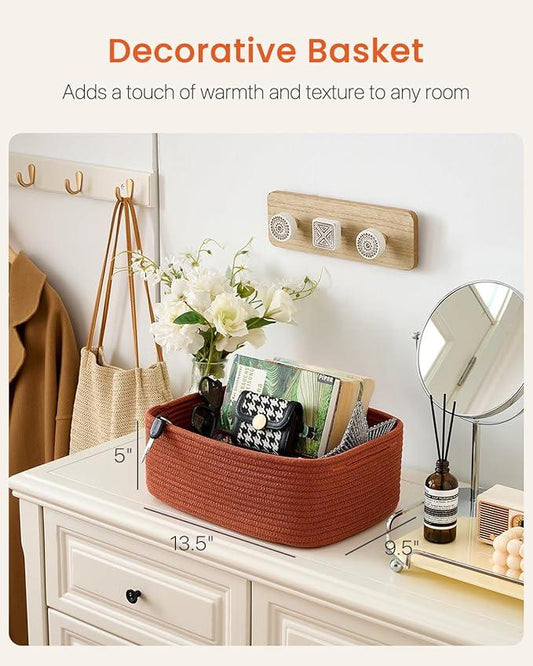 Small Woven Basket, 13.5 x 9.5 x 5 Inches, Storage Basket for Organizing, Cute Small Rope Shelf Closet Cube Storage Bins Baskets for Shelves, Dog Toy Gift Baskets Empty, 3 Pack Rust Red - ModernBath
