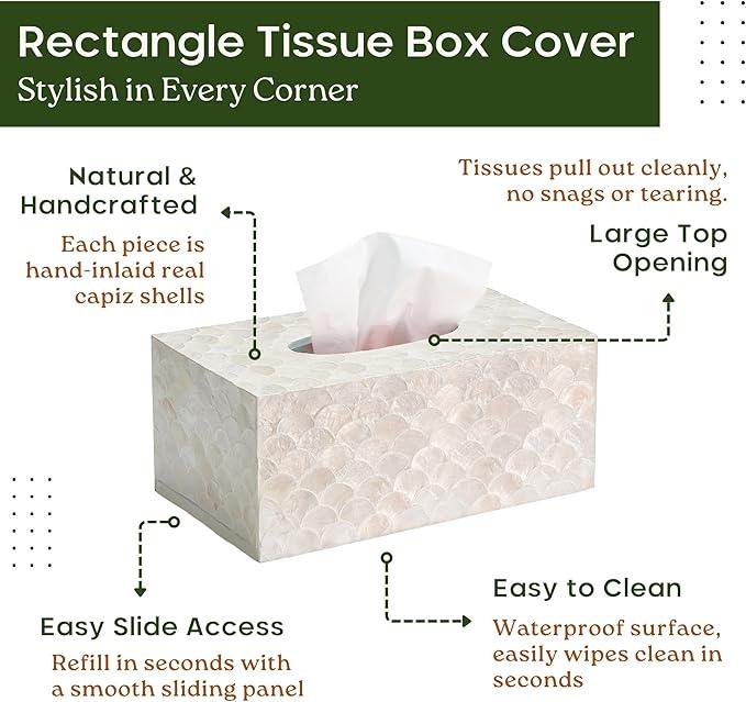 CHI AN HOME Rectangular Capiz Tissue Box Cover, Decorative Mother of Pearl Inlay Tissue Box Holder for Bedroom, Bathroom, Kitchen, and Office, Rectangle Tissue Box Cover White (10.25” x 5.9” x 4.33”) - ModernBath