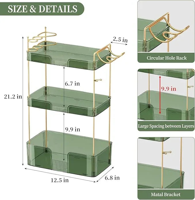 Bathroom Counter Organizer for Vanity, Makeup Organizer Countertop with Holder, Large Capacity Storage Rack, Perfect Large Skincare, Hair Care, Perfume, Easy to Install (Green, 3Tiers) - ModernBath