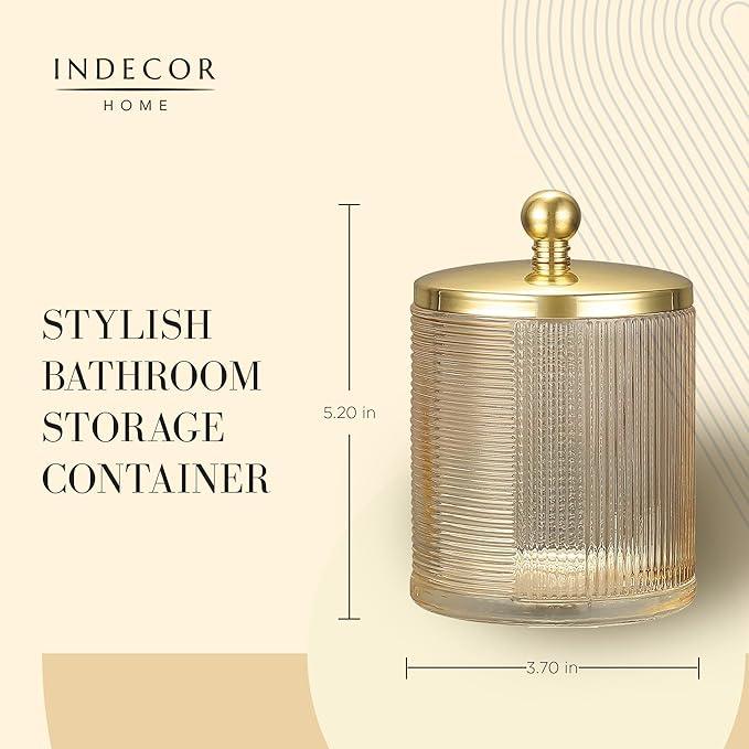 Indecor Home Tan Colored Tranlucent Apothecary Ribbed Geometric Etched Glass Jar W/Gold Metal Lid Cover for Bathroom Organization, Cotton Balls, Q Tips, and Small Accessories, Bathroom Storage - ModernBath