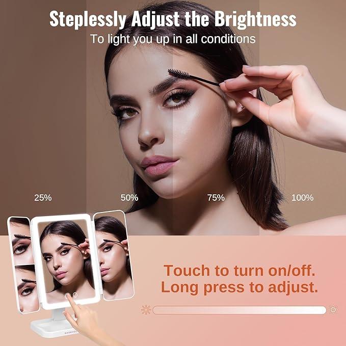EASEHOLD Lighted Makeup Mirror with 3X Magnification, 3 Color Lights & Touch Sensor - Rechargeable Trifold Vanity Mirror for Travel, Desk, Home Use - ModernBath