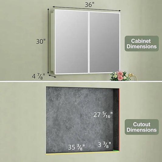 Buruis 36" x 30" Framed Medicine Cabinet with Mirror, Recessed or Wall Mounted Bathroom Cabinet, Adjustable Tempered Glass Shelves, Left/Right Open Reversible, No Assembly Required, White - ModernBath