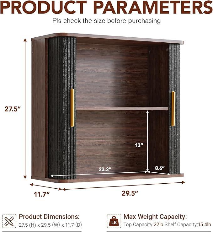 Laundry Room Wall Cabinet with Fluted Sliding Door, 29.5" W Bathroom Medicine Cabinet with Adjustable Shelf, Wall Mounted Storage Cabinet for Living Room Kitchen, 11.7" D x 29.5" W x 27.68" H - ModernBath